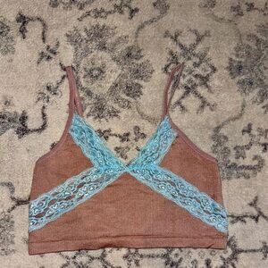 URBAN OUTFITTERS OUT FROM UNDER Tan & Teal Lace Trim Bralette Size XS.